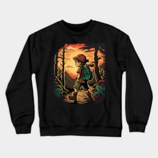 Boy trekking in the woods with a beautiful sunset effect Crewneck Sweatshirt